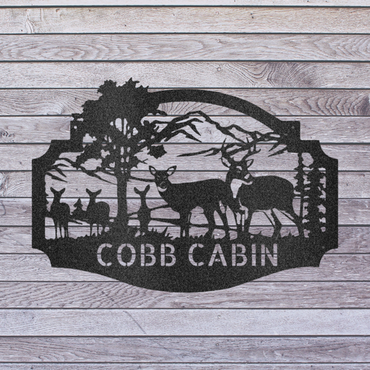 Deer Cabin Family Monogram - Metal Wall Art