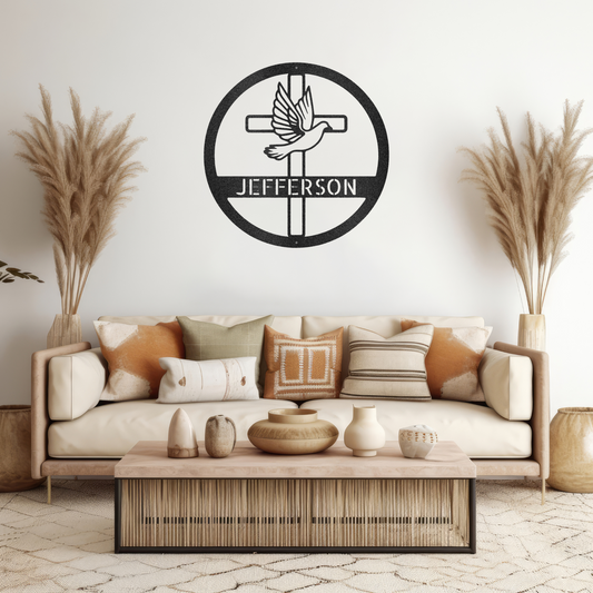 Dove and Cross Monogram - Metal Wall Art