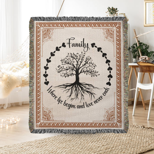 "Family, where life begins and love never ends" Heirloom Throw Blanket