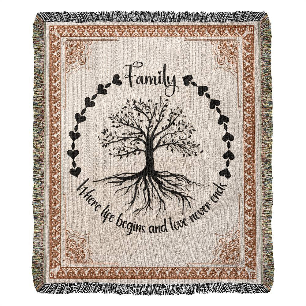"Family, where life begins and love never ends" Heirloom Throw Blanket