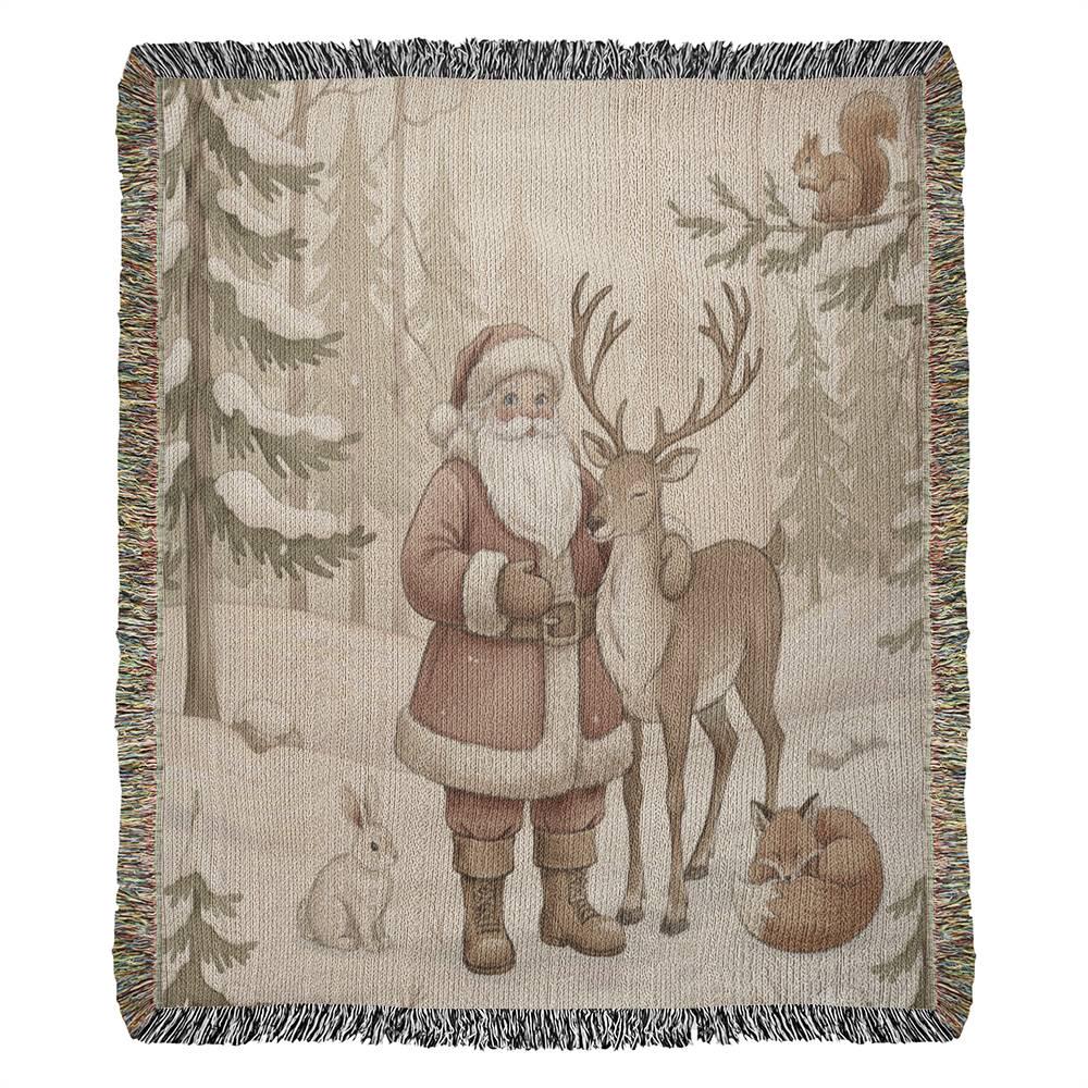 Vintage Christmas Woven Blanket - Santa & Woodland Friends