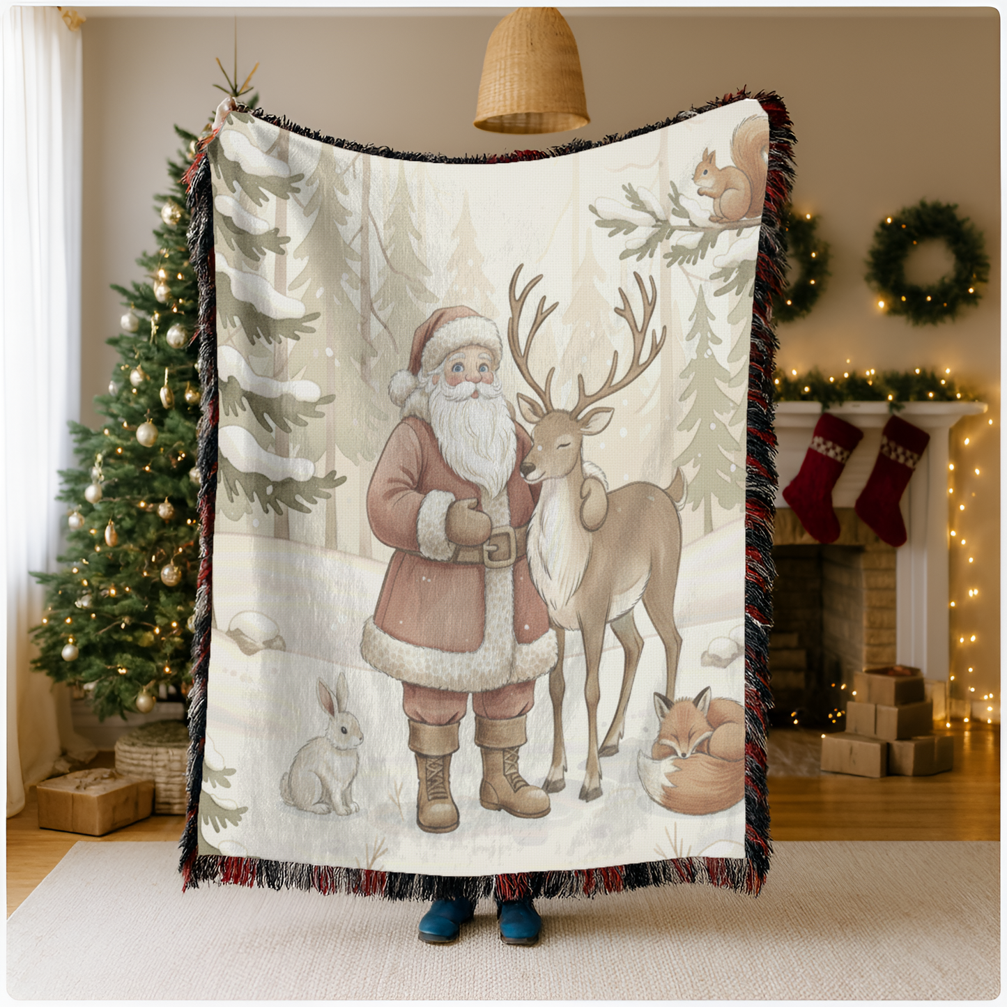 Vintage Christmas Woven Blanket - Santa & Woodland Friends